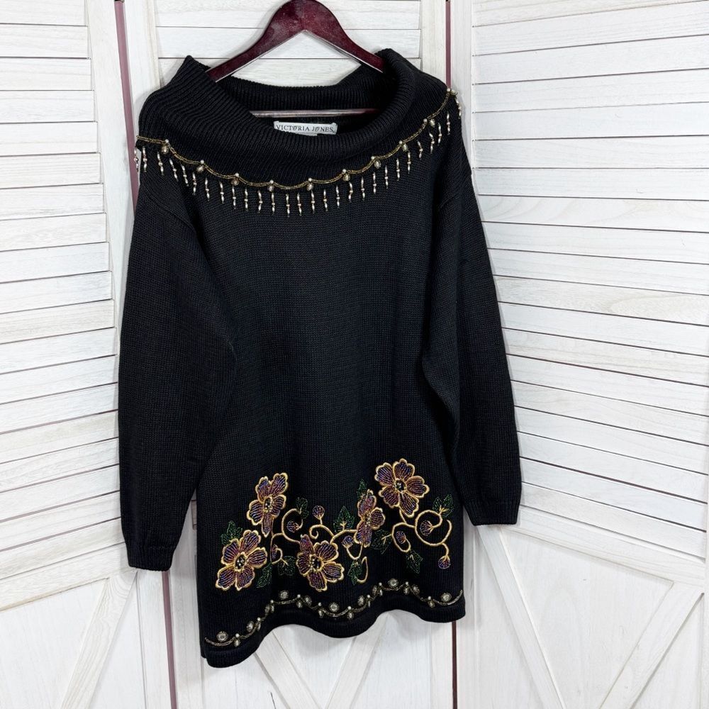 Vintage Victoria Jones 90s Floral Beaded Cowl Neck Tunic Sweater Black Medium - Picture 7 of 11